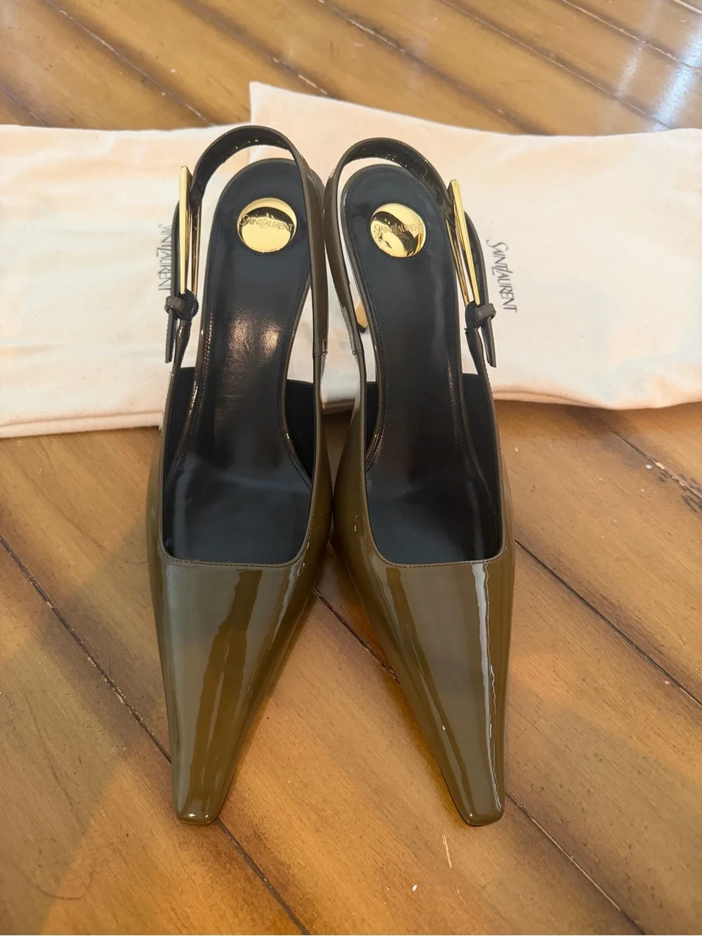 Saint Laurent Olive Green Patent Slingback Pumps with Gold Accent
